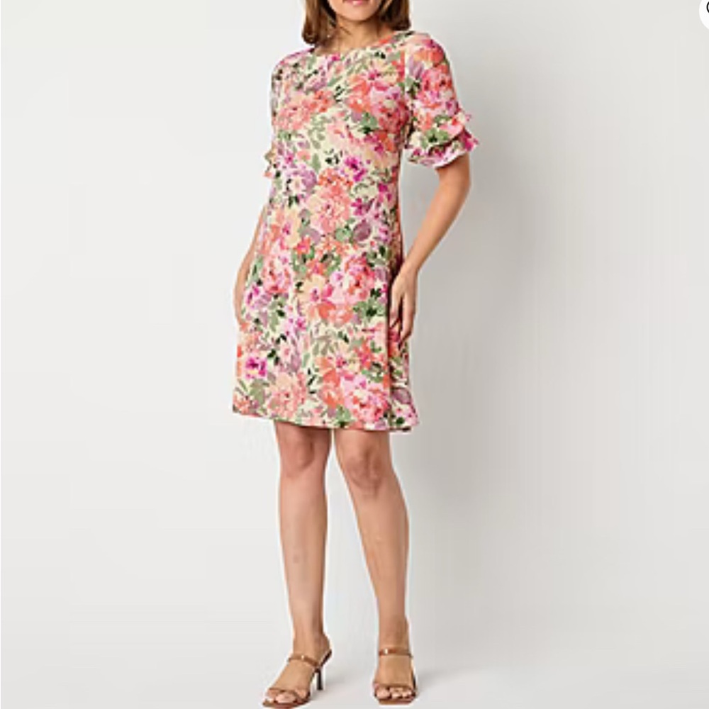 Perceptions Pink Orange Puff Sleeve Mini Dress